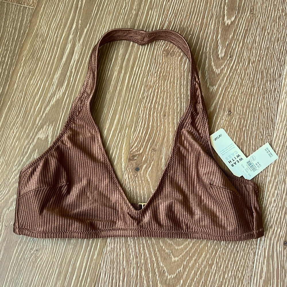 AERIE Brown Ribbed Triangle Halter Bikini Top Swim Suit NWT Women’s Sz M Medium